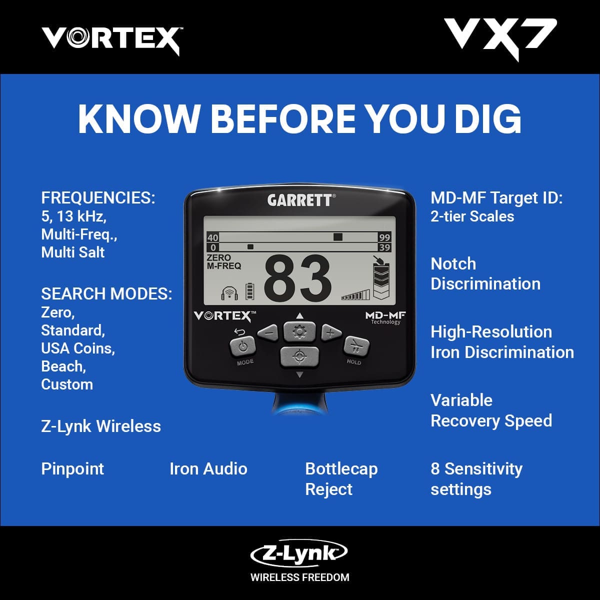 Sivas Garrett Vortex VX7 Dedektör - VX7 hedef ID ekranı, iki katmanlı MD-MF okuma ile demir ve iletken hedefleri ayırmaya yardım eder.